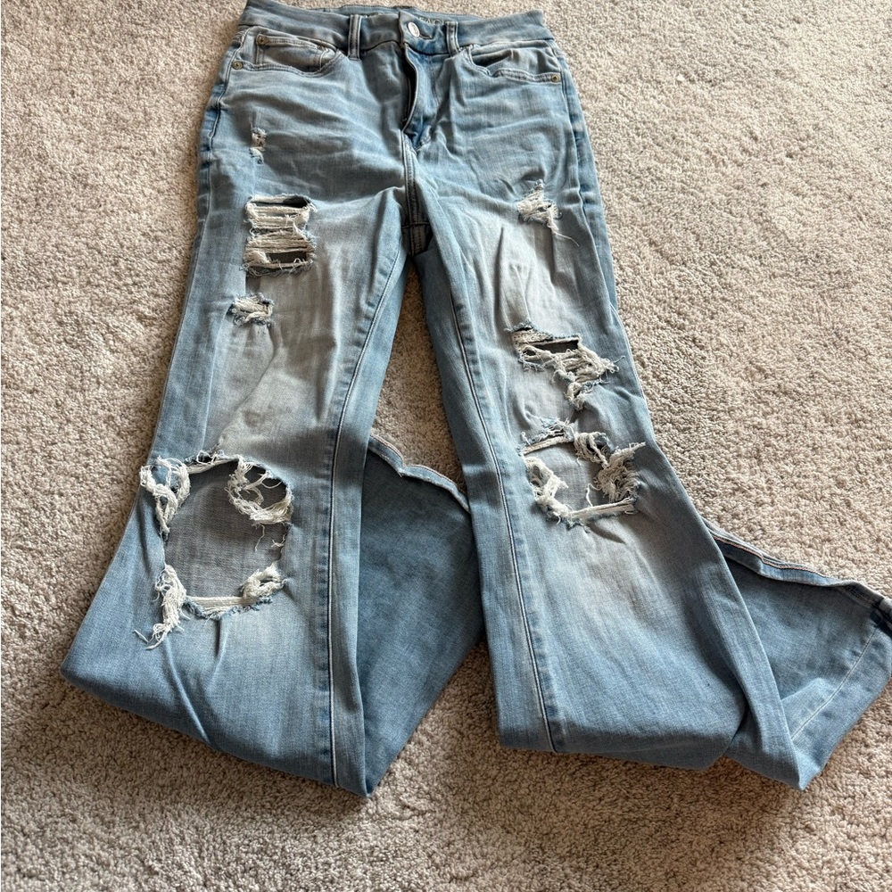 American Eagle Blue Flare Wide Leg Jeans Distressed